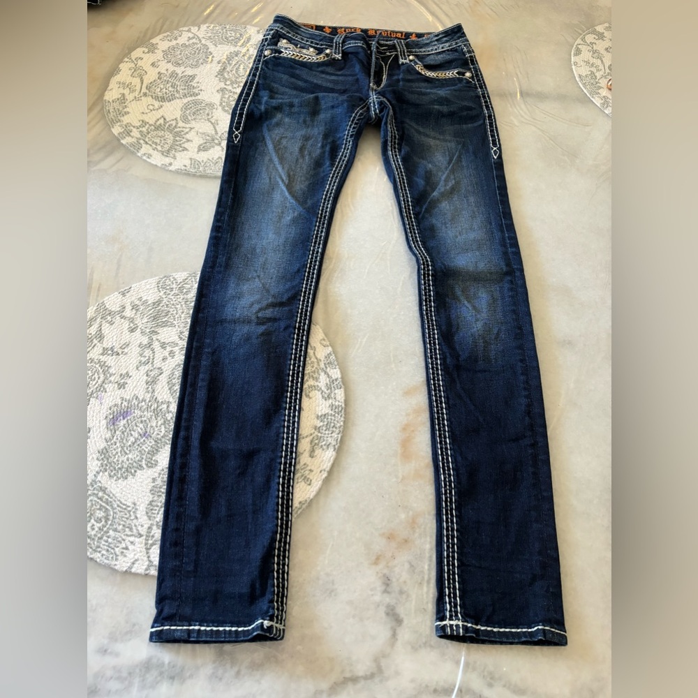 WOMEN'S ROCK REVIVAL LAVINIA ANKLE SKINNY DENIM JEANS RHINESTONE SIZE 27